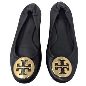 Tory Burch Minnie Black Leather Ballet Flats Gold Logo Size 7